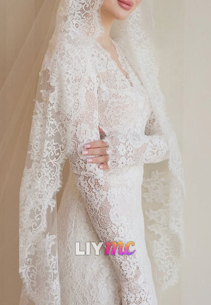 Lace Long Sleeve V-Neck Wedding Dress