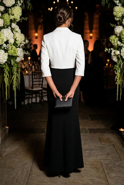 Lapel Neck Colorblock Gown with 3D Flower