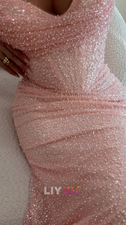 Strapless Beaded Pearl Corset Gown