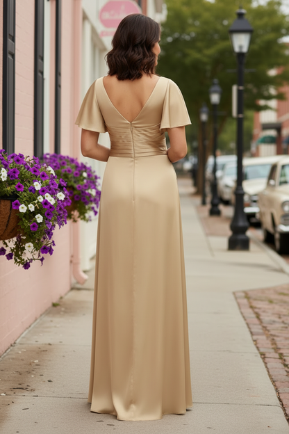 V-Neck Pleated Flutter Sleeve Satin Evening Gown