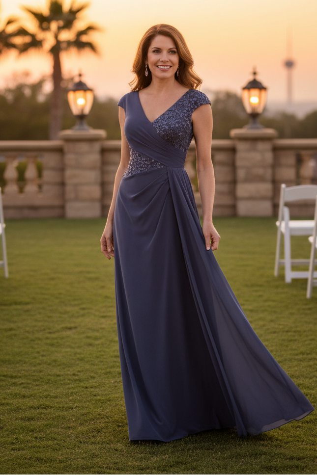 Cap Sleeve V-Neck Beaded Draped Evening Gown