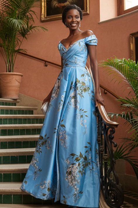 Floral Off-the-Shoulder A-Line Gown with Slit