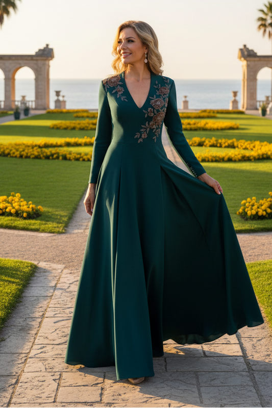 Elegant Embroidered A-Line Evening Gown with Long Sleeves