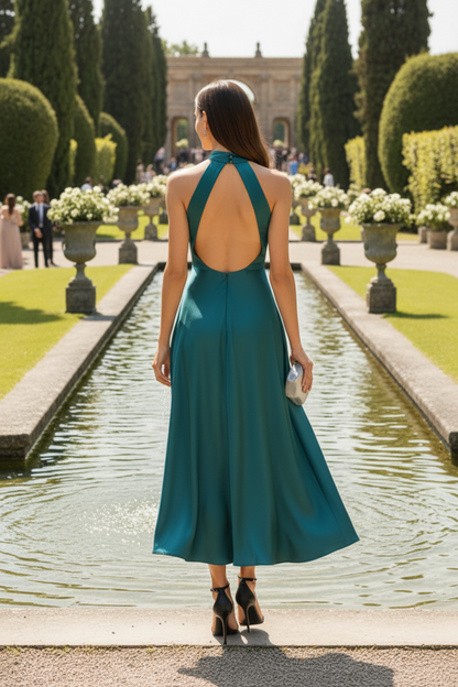 Halter Neck Satin Midi Dress with Open Back Tie