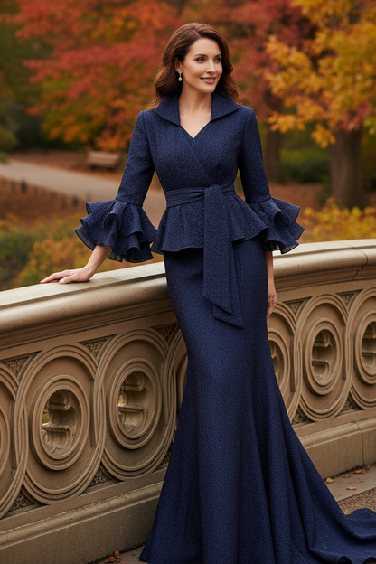 Textured Wrap Peplum Gown with Ruffled Sleeves
