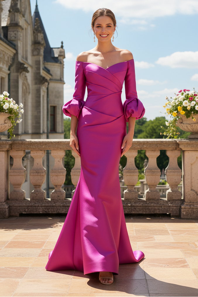 Off-the-Shoulder Mermaid Gown with Bubble Sleeves
