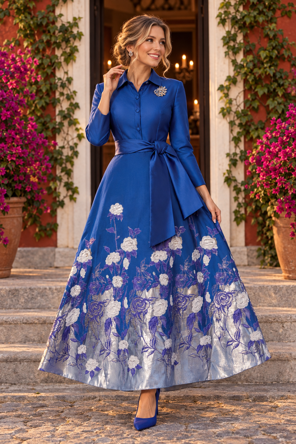 Floral Jacquard Long Sleeve Shirt Gown