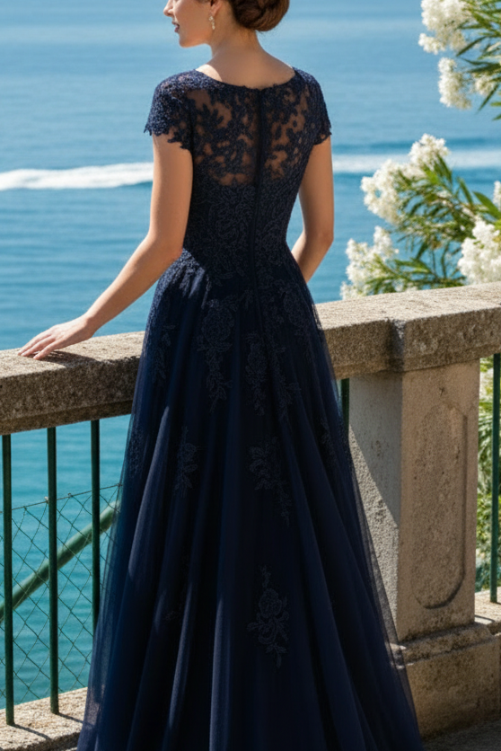 Illusion Lace Applique A-Line Evening Gown