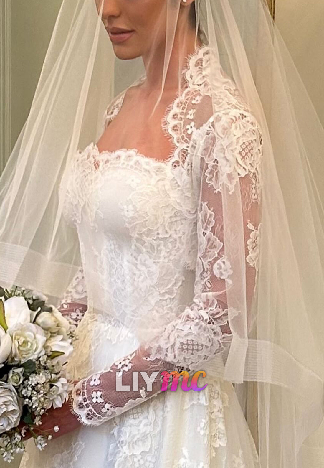 Long Sleeve Lace A-Line Wedding Dress with Cathedral Train