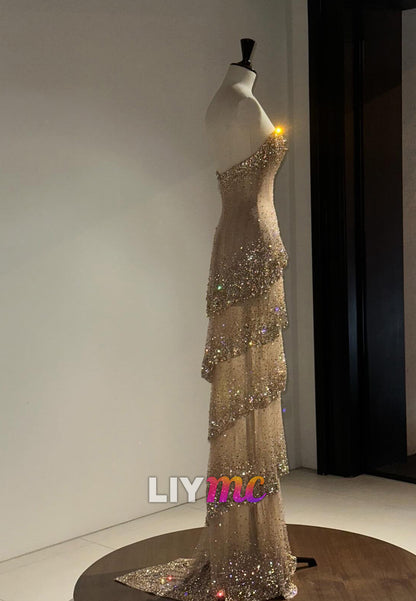 Strapless Tiered Beaded Corset Evening Gown