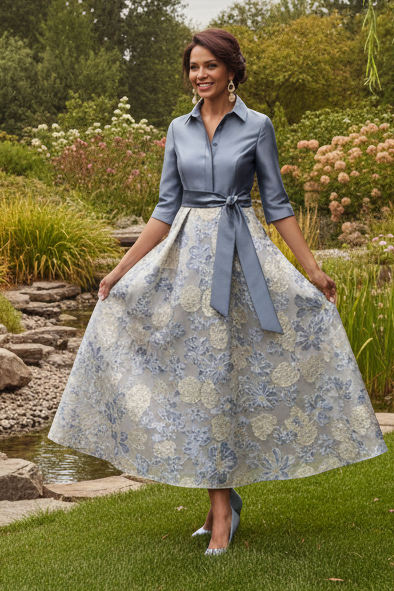 Elegant Collared Evening Dress with Embroidered Skirt