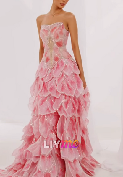 Strapless Tiered Ruffle Ball Gown with Glitter Petals