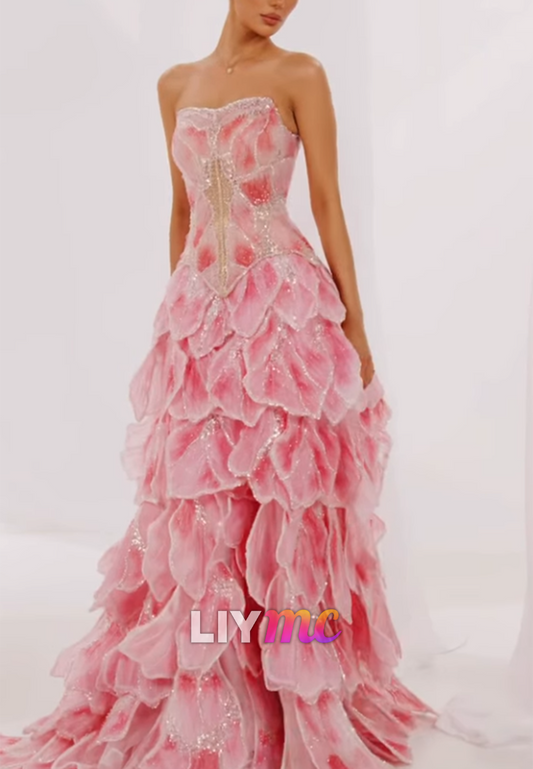 Strapless Tiered Ruffle Ball Gown with Glitter Petals