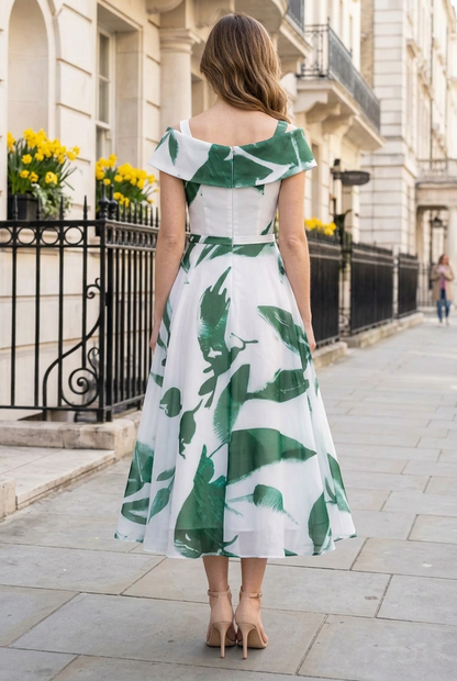 Cold-Shoulder Botanical Print A-Line Midi Dress