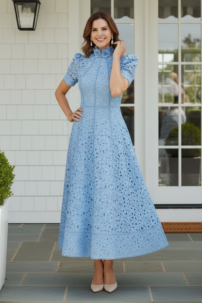 High-Neck Lace Midi Dress with 3D Floral Collar