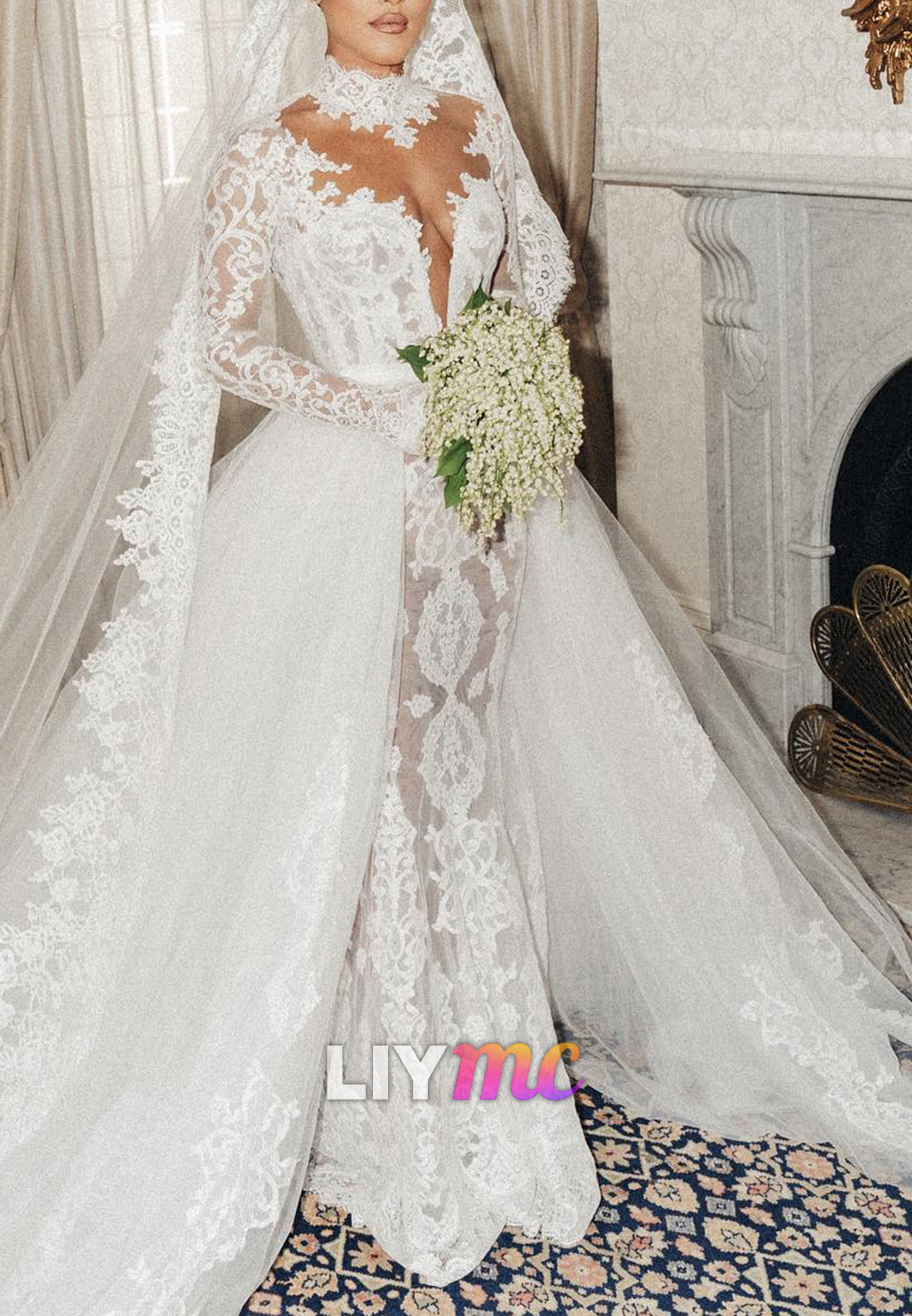 Lace Mermaid Wedding Dress with Detachable Overskirt