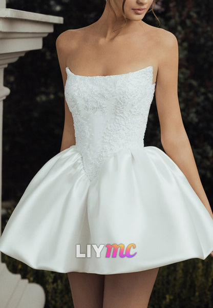 Strapless Beaded Lace Bubble Hem Mini Dress