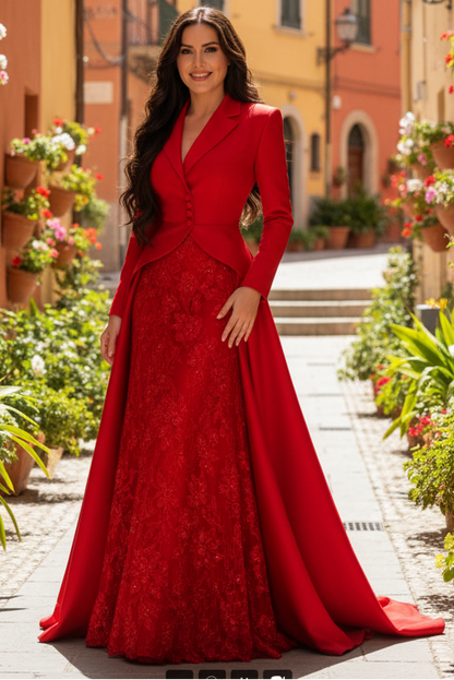 Tailored Lapel Evening Gown with Lace Skirt