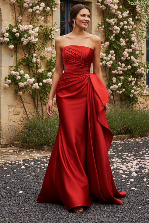 Strapless Pleated Satin Gown with Side Drape