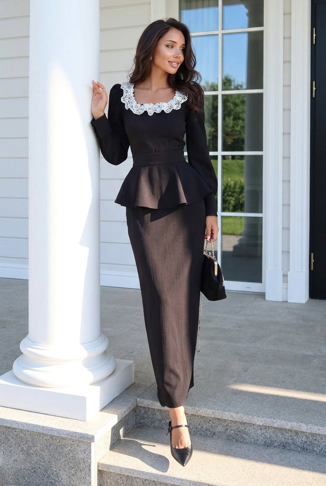 Lace Trim Peplum Maxi Dress with Long Sleeves