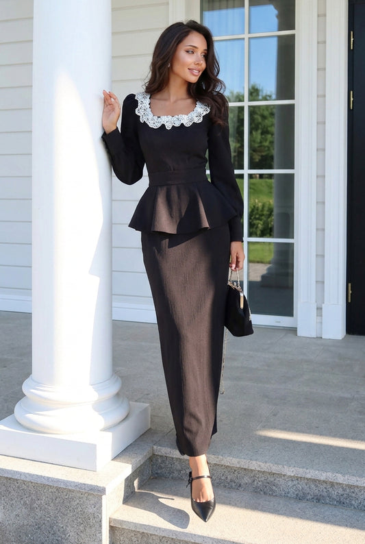 Lace Trim Peplum Maxi Dress with Long Sleeves