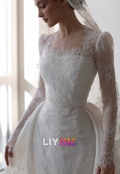 Long Sleeve Lace Wedding Dress with Detachable Train