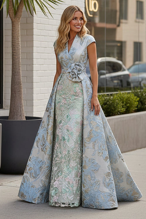 Jacquard Gown with Embroidered Underdress & Overskirt