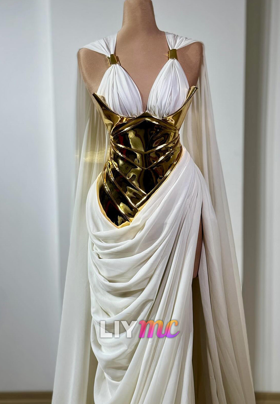 Metallic Corset Cape Gown with High Slit