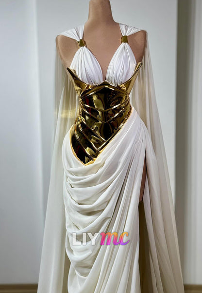 Metallic Corset Cape Gown with High Slit