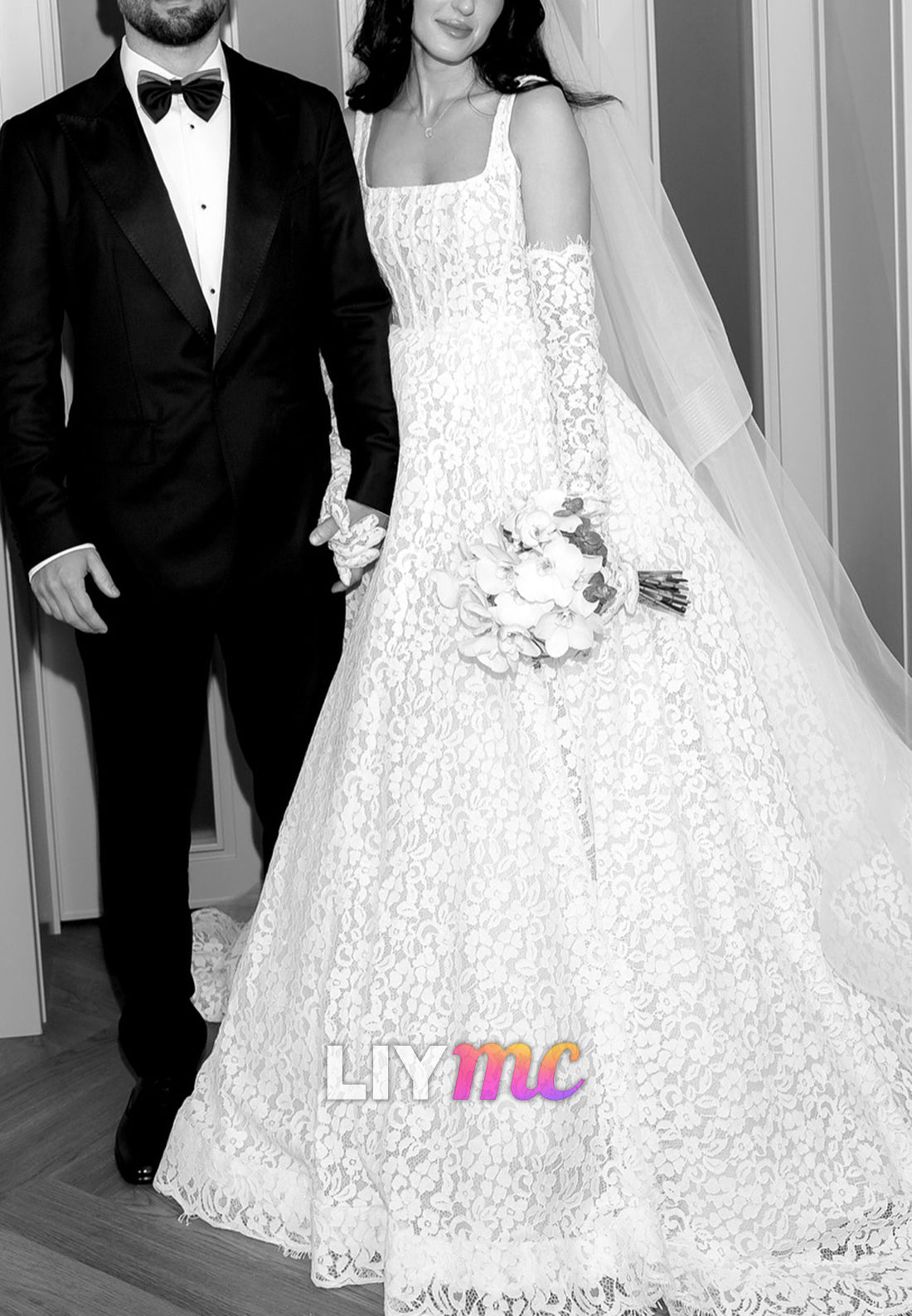 Lace A-Line Wedding Dress with Long Gloves & Veil