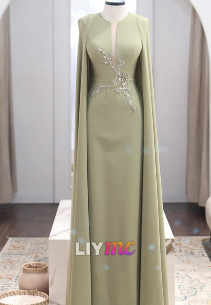 Crepe Sheath Evening Gown with Cape and Crystal Beadwork