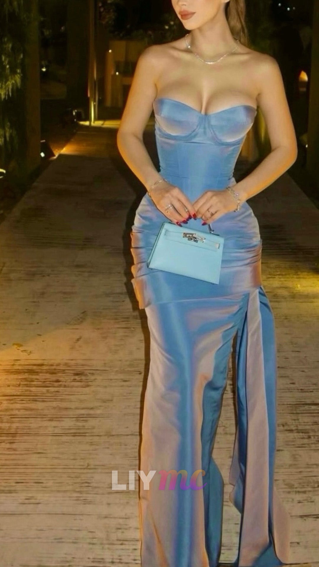 Strapless Corset Gown with Slit and Train