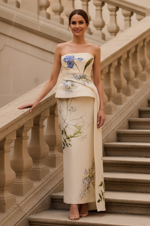 Strapless Floral Print Column Dress with Draped Overskirt