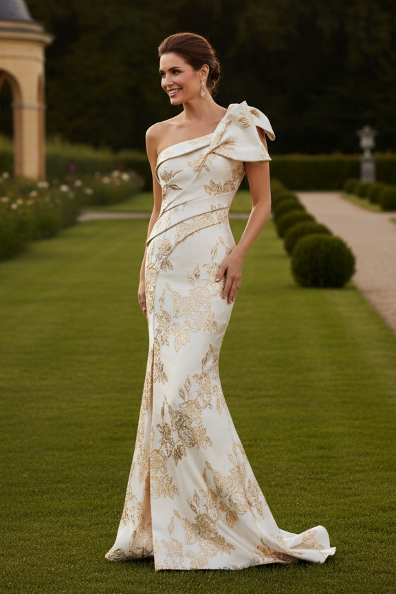 One-Shoulder Floral Jacquard Evening Gown