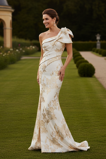 One-Shoulder Floral Jacquard Evening Gown