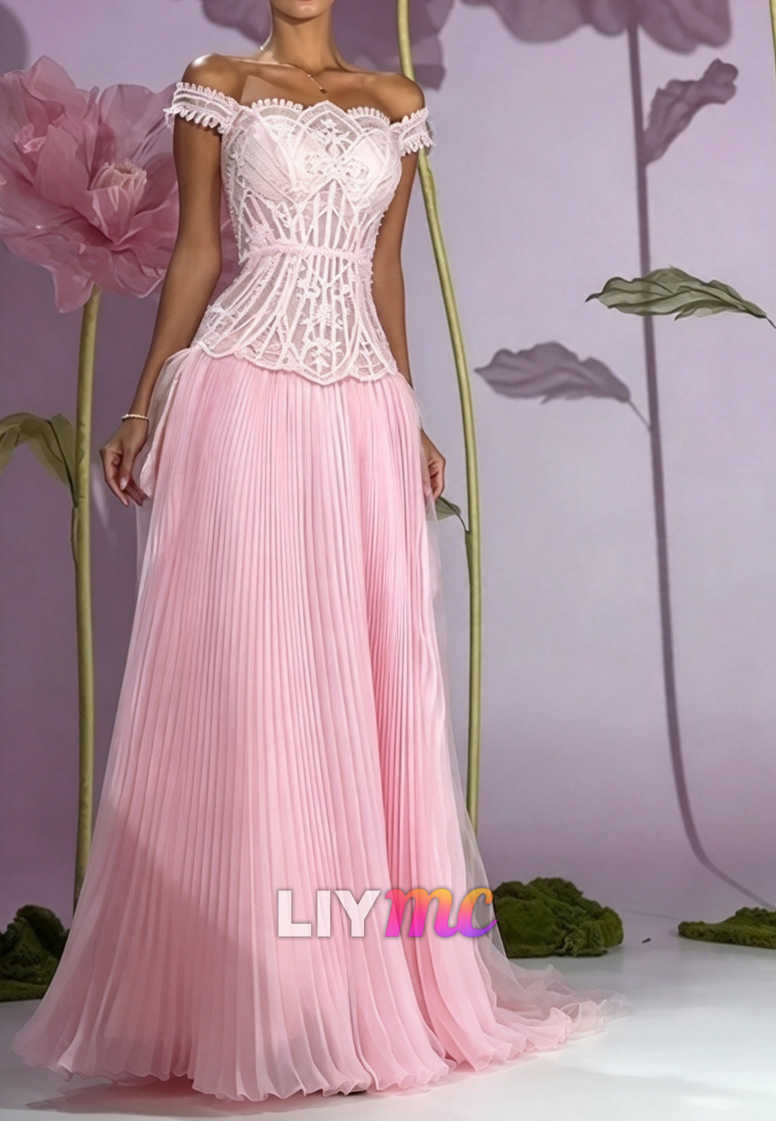 Off-the-Shoulder Corset Gown with Pleated Skirt