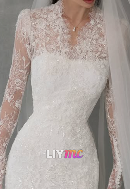 Lace High Neck Mermaid Wedding Dress with Train