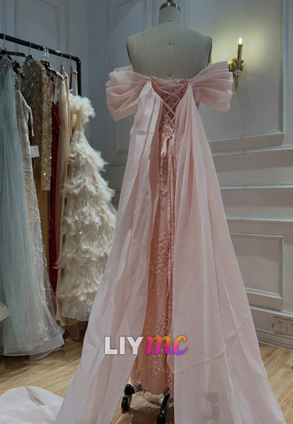 Beaded Off-the-Shoulder Gown with Train
