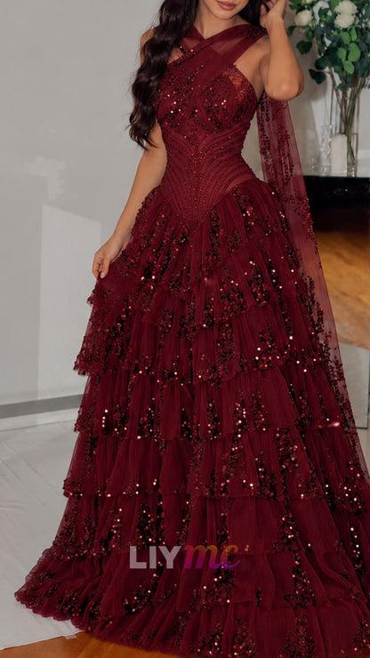 Tiered Sequin Tulle Ball Gown with Crisscross Neck