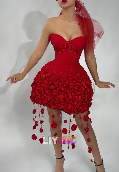 Strapless 3D Flower Bubble Skirt Mini Dress
