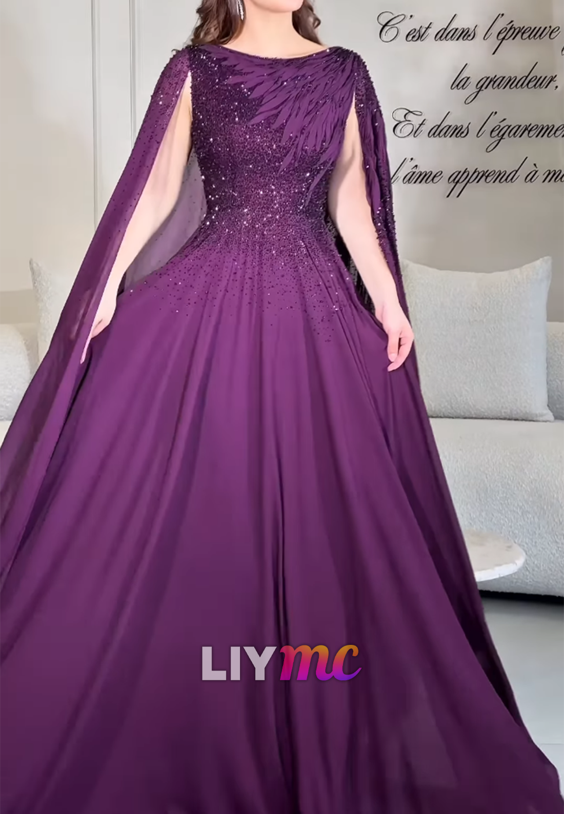 Beaded Cape Sleeve A-Line Evening Gown with Train