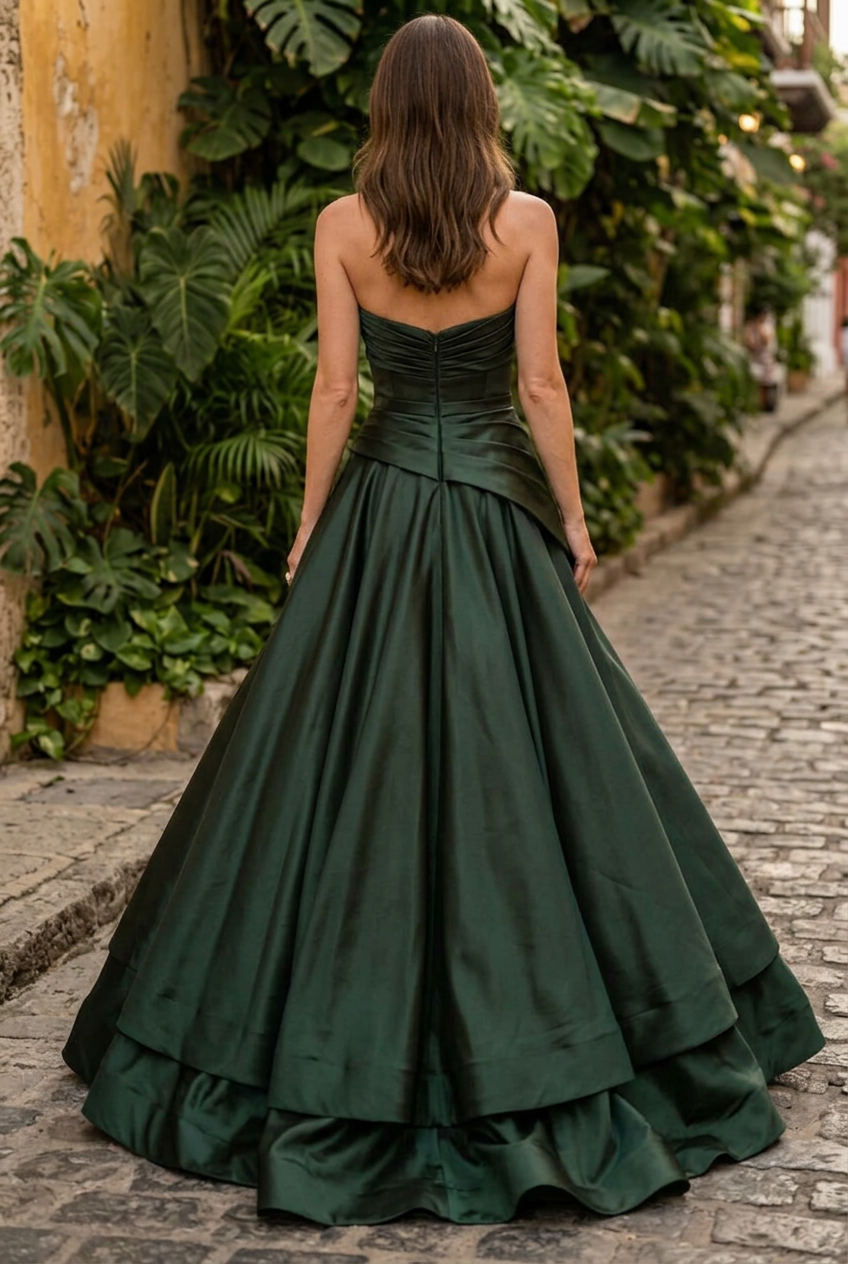 Strapless Asymmetrical Pleated A-Line Evening Gown