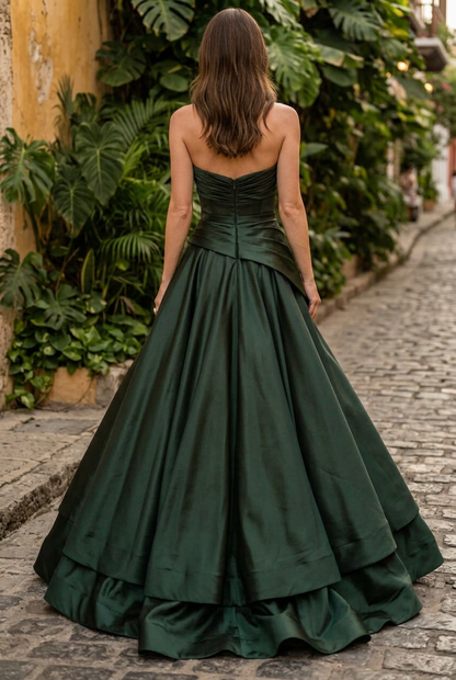 Strapless Asymmetrical Pleated A-Line Evening Gown