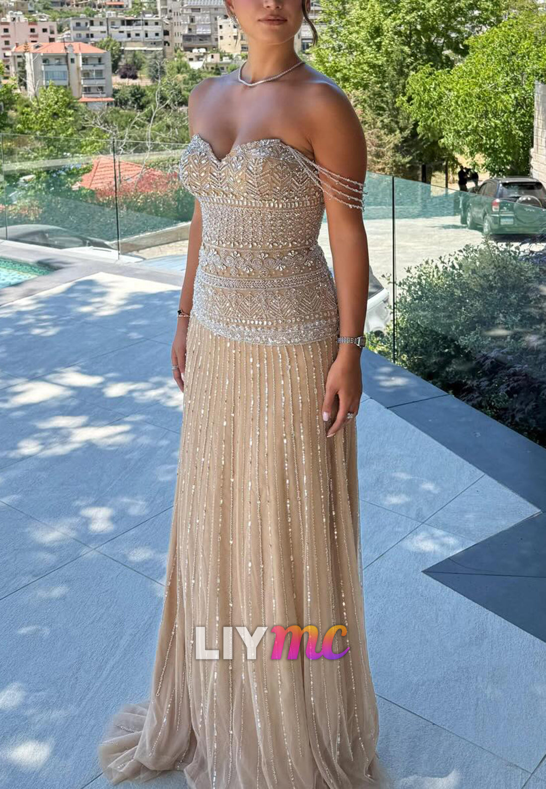 Beaded Sweetheart Off-the-Shoulder Column Gown