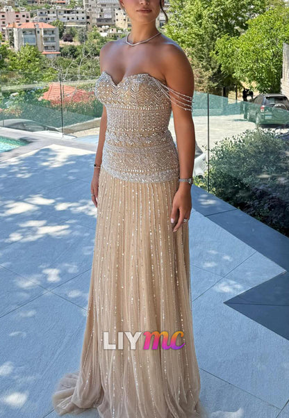 Beaded Sweetheart Off-the-Shoulder Column Gown