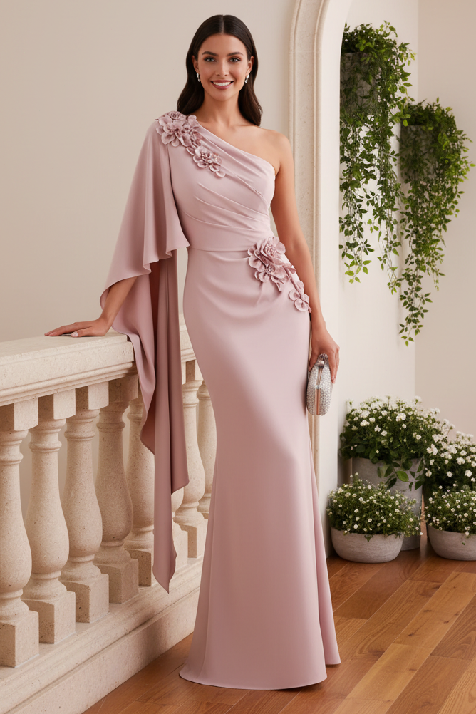 One-Shoulder Floral Cape Evening Gown