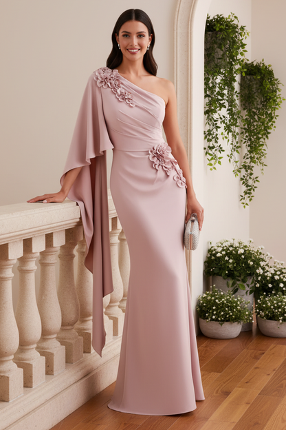 One-Shoulder Floral Cape Evening Gown