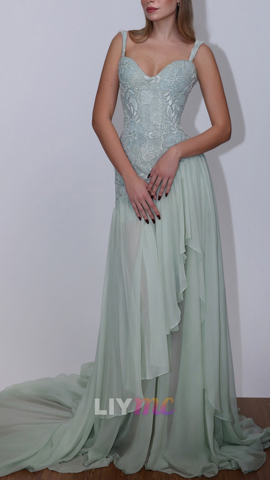 Beaded Lace Bodice Gown with Cascading Ruffle Skirt