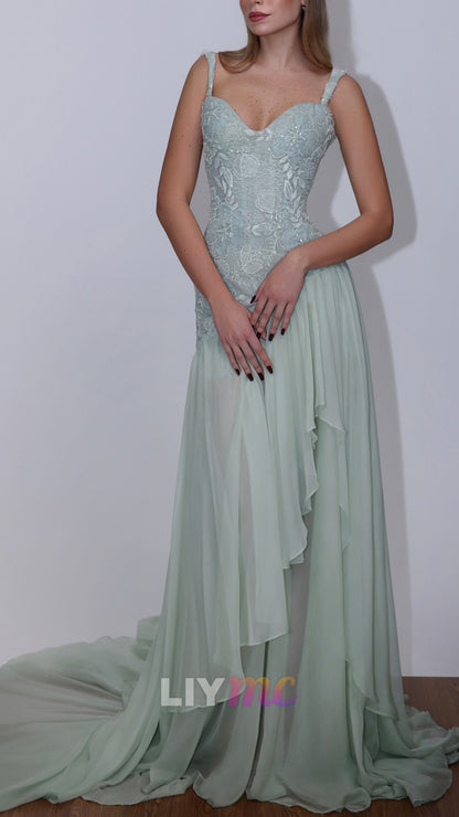 Beaded Lace Bodice Gown with Cascading Ruffle Skirt