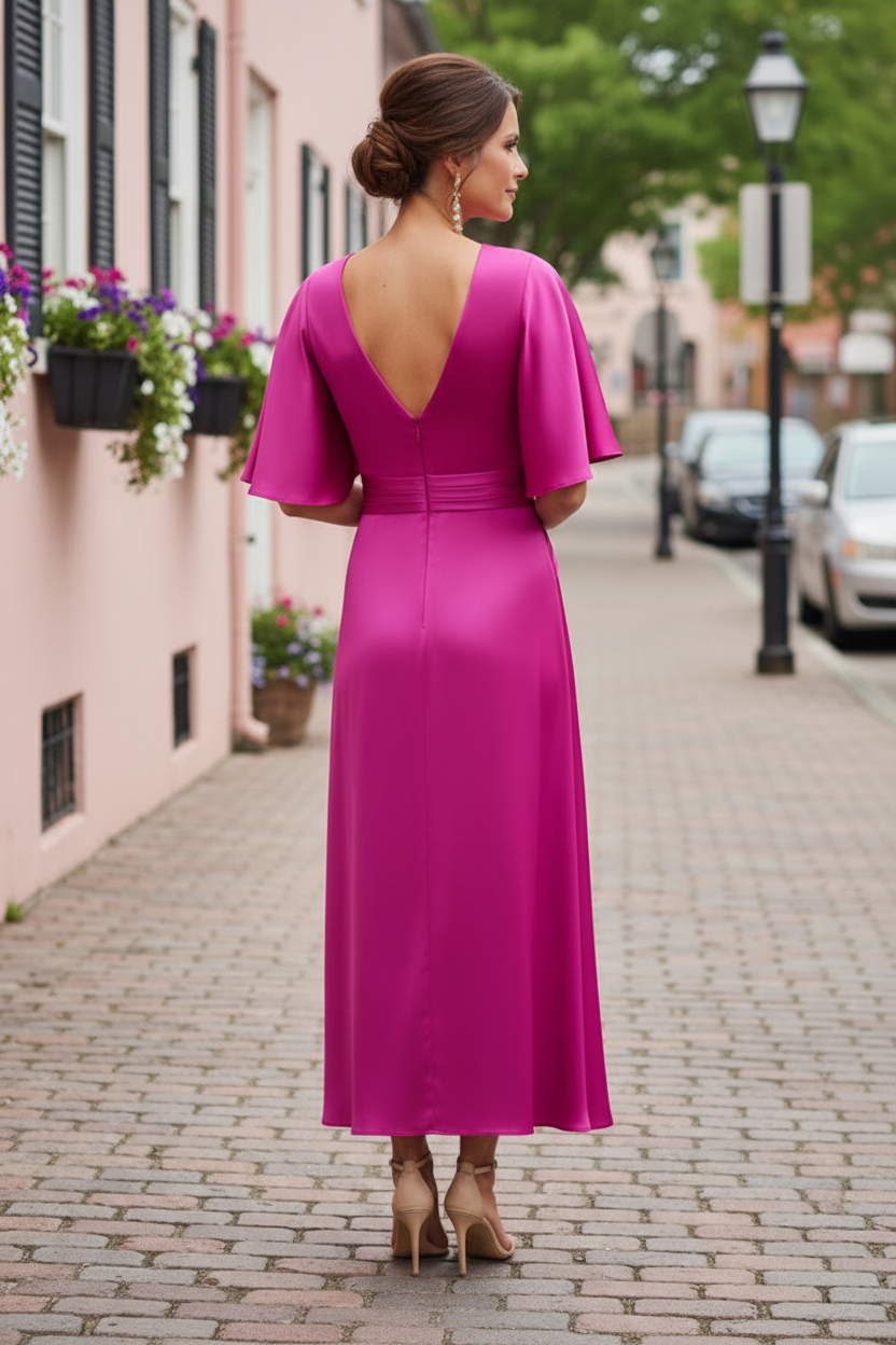 Flutter Sleeve Wrap Midi Dress with Floral Waist Detail